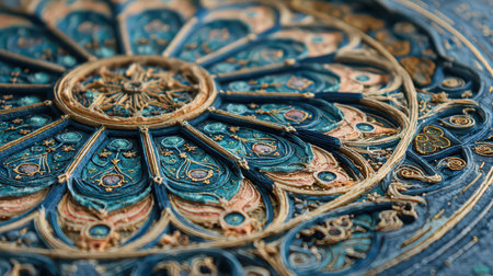 This image features an intricate decorative design showcasing blue and gold floral patterns, highlighting skilled craftsmanship and artistic detail in every element.の素材