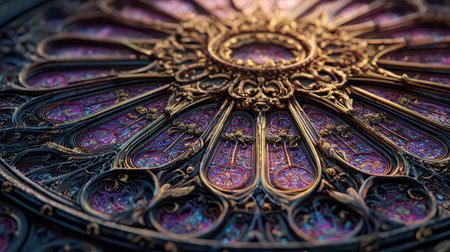 Explore a stunning stained glass design showcasing intricate patterns and vibrant colors, perfect for architectural and artistic themes, evoking a sense of heritage and craftsmanship.の素材