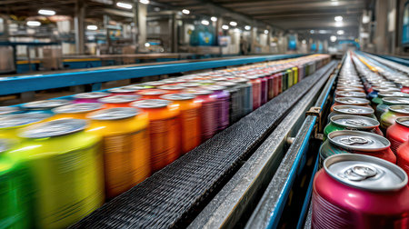 Colorful beverage cans are in motion on a conveyor belt in a busy factory, showcasing the vibrant production process in modern manufacturing environments.の素材