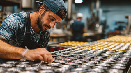 A focused beverage production worker meticulously organizes metal cans in a busy factory setting, showcasing dedication and attention to detail in the manufacturing process.の素材