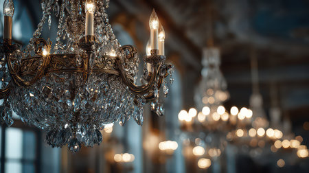 A stunning crystal chandelier captures attention with its intricate details and warm glow, adding elegance to any luxurious interior setting. Perfect for decor.の素材