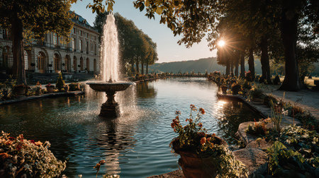 A tranquil scene of a fountain amidst lush trees, reflecting the warm sunset in the calm waters. Perfect for conveying serenity and natural beauty.の素材