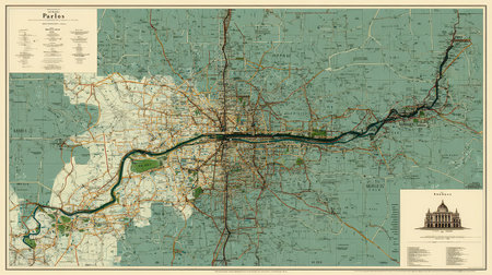 This vintage map features a detailed layout of Paris and its surrounding areas, showcasing streets, landmarks, and waterways for exploration and navigation.の素材