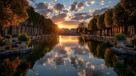 A stunning sunset casts vibrant colors over a tranquil park pond, surrounded by lush trees and elegant architecture. The reflection creates a serene outdoor scene.の素材