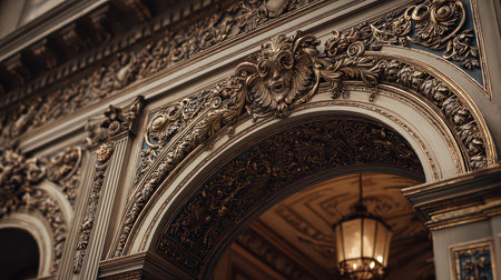 A close-up view of an ornate architectural detail showcasing intricate carvings and decorative elements, highlighting artistry and craftsmanship in design.の素材