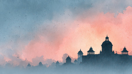 A captivating silhouette of historic architecture at sunset, showcasing soft colors and tranquil clouds. This artistic representation captures the serene beauty of dusk.の素材