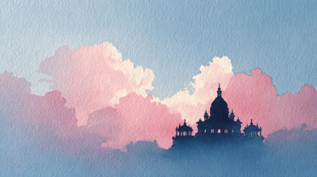 A stunning silhouette of an elegant building emerges against a pastel sky. Soft pink and blue hues create a serene atmosphere, perfect for art and travel themes.の素材