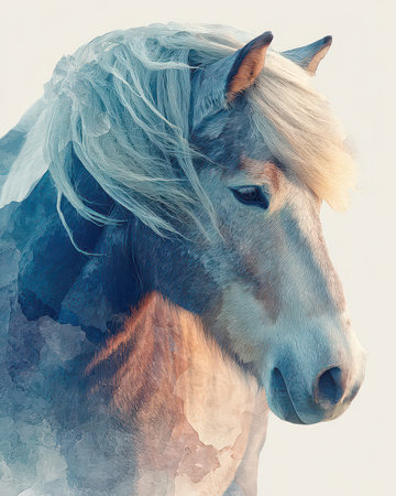 This stunning portrait features a graceful horse with a flowing mane, rendered in soft watercolor styles. Its serene expression and gentle colors evoke a sense of beauty and tranquility.の素材