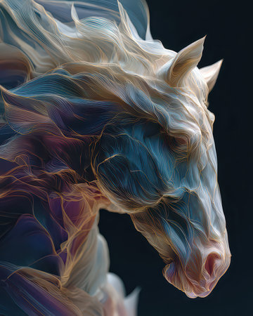 A unique abstract representation of a horse, showcasing flowing colorful lines and an ethereal quality. The art captures movement and beauty in a modern style.の素材