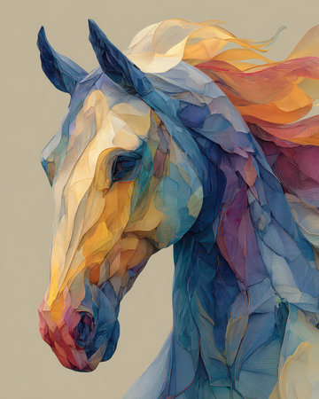This stunning abstract representation of a horse combines flowing lines and vibrant colors, creating an eye-catching piece that showcases artistic creativity and elegance.の素材