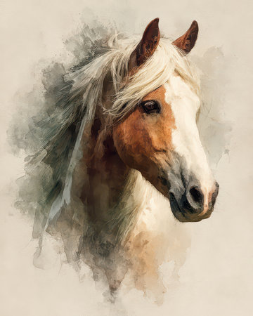 Stunning portrait of a horse showcasing its flowing mane and gentle expression in a soft watercolor style, perfect for animal lovers and art enthusiasts.の素材