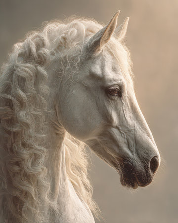 A stunning portrait of a graceful white horse showcasing its curly mane. Captured in soft light, this image highlights the animal's beauty and serene expressions.の素材