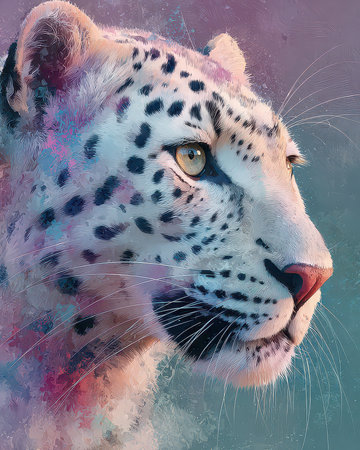 This stunning portrait depicts a white leopard with striking spots, showcasing its beauty and grace in an artistic and colorful background, perfect for wildlife lovers.の素材