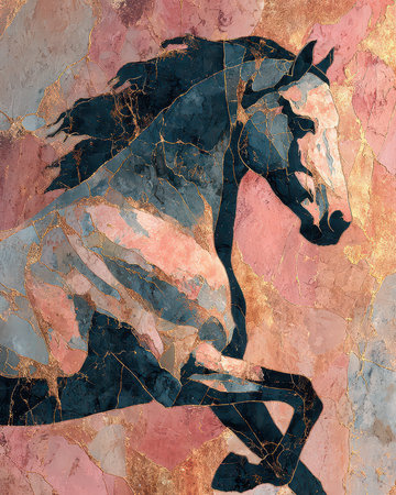 This stunning abstract artwork features a horse in motion, capturing elegance and beauty with rich marble textures and gold accents, perfect for modern decor.の素材