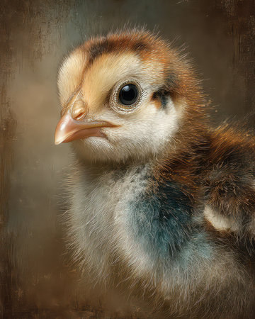 A captivating close-up portrait of a young chick showcasing its fluffy feathers and expressive eyes. This image highlights the beauty of wildlife and nature.の素材