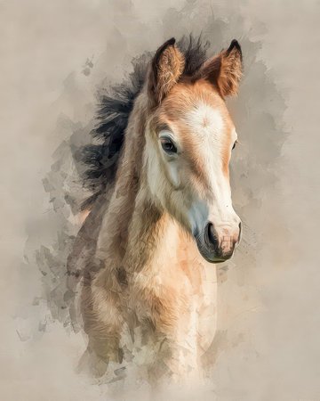 This touching portrait captures a young horse with a soft expression. The delicate colors and textures create a serene atmosphere, perfect for animal lovers.の素材