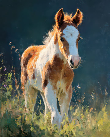 A charming foal stands gracefully in vivid green grass under soft light. The warm coloration and gentle expression capture the innocence of young wildlife.の素材