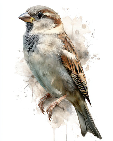 This stunning illustration captures a sparrow with intricate detail, set against a delicate watercolor background. Perfect for nature and bird lovers.の素材