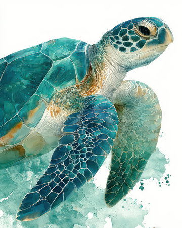 Stunning illustration of a colorful sea turtle swimming gracefully through tropical waters. This artwork captures the beauty of marine life and highlights ocean conservation.の素材