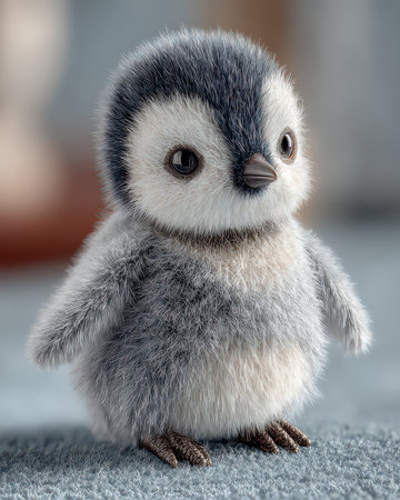 This endearing baby penguin features fluffy feathers and bright eyes, capturing the essence of innocence and joy in a cozy setting, perfect for animal lovers.の素材