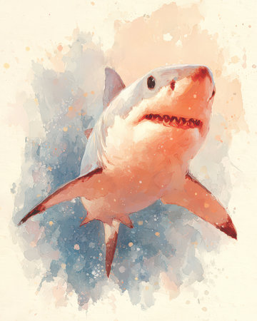 Experience the beauty of a majestic shark portrayed in vibrant watercolor art. This stunning illustration captures the essence of marine life in an artistic style.の素材