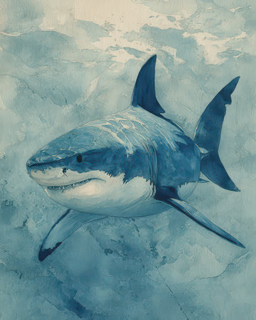 A stunning artistic representation of a shark swimming gracefully in blue ocean waters. This illustration captures the beauty and majesty of marine life, showcasing an elegant predator in its natural habitat.の素材