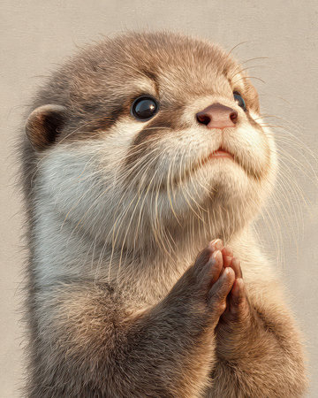 A charming baby otter with hands clasped in a praying gesture, showcasing a delightful expression. This image captures innocence and warmth in nature.の素材
