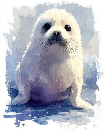 This captivating illustration features a adorable baby seal in a soft watercolor style. Its expressive face and tranquil presence capture the beauty of marine life.の素材