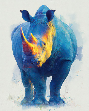 Discover a unique artistic portrayal of a rhinoceros characterized by vibrant colors and an expressive background. Perfect for wildlife lovers and art enthusiasts.の素材