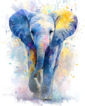 A vibrant watercolor illustration of an elephant surrounded by colorful splashes, capturing the majestic beauty of wildlife in an artistic expression. Perfect for modern decor.の素材