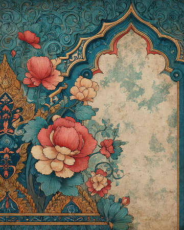This stunning floral artwork features vibrant colors and intricate patterns, perfect for enhancing any space with a touch of vintage elegance and natural beauty.の素材