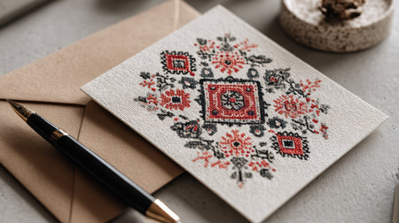 Beautiful crafted greeting card featuring intricate floral embroidery design. Perfect for personal messages, gifts, and special occasions in a charming setting.の素材