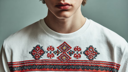 This image features a young male model in a white shirt with intricate traditional embroidery. The portrait highlights fashion and cultural design elements.の素材