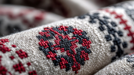 This close-up image showcases a traditional textile featuring intricate red and black patterns, emphasizing the beauty of craftsmanship and cultural heritage.の素材