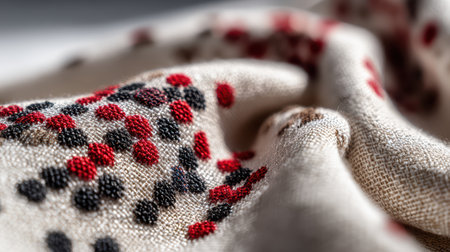 A close-up image showcasing vibrant red and black patterns on a soft, natural fabric. The intricate design highlights texture and craftsmanship.の素材