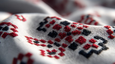 This close-up captures the intricate details of a textile design showcasing vibrant red and black patterns, ideal for art and design projects.の素材