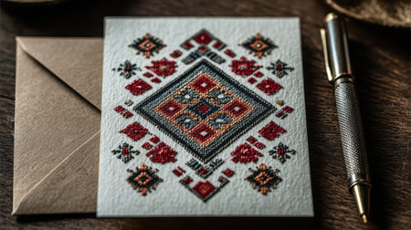 Discover a beautifully crafted card featuring an intricate embroidery design that showcases traditional textile artistry. Ideal for various occasions.の素材