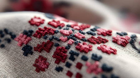 This close-up image showcases intricate embroidery on fabric featuring stunning red and black patterns, highlighting the artistry and detailed craftsmanship involved.の素材
