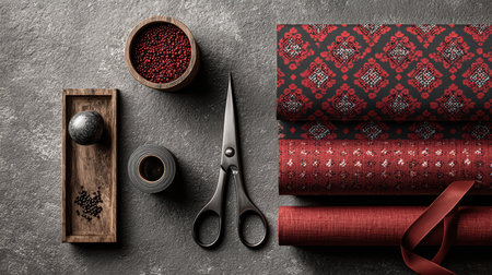 A beautifully arranged crafting scene featuring red patterned fabrics, scissors, and decorative elements on a textured tabletop, perfect for artistic endeavors.の素材