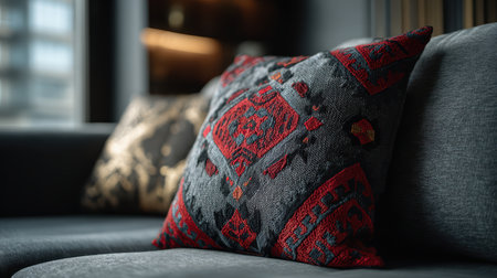 This image features a stylish textured pillow on a contemporary sofa, adding a touch of modern elegance to a cozy living room environment with distinct patterns and colors.の素材