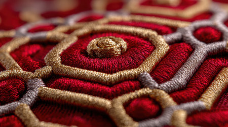 Explore a captivating closeup of an intricate embroidery pattern featuring rich red fabric and elegant metallic threads. Perfect for design inspiration.の素材