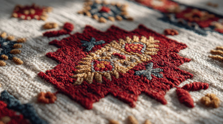 This image showcases a detailed close-up of a vibrant handwoven textile featuring intricate patterns and rich colors, highlighting traditional craftsmanship and artistic design.の素材
