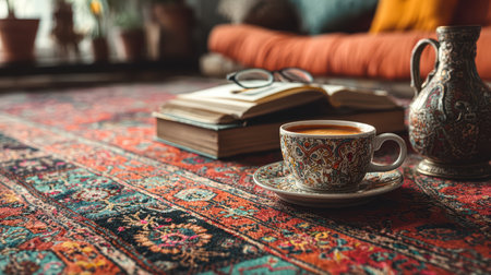 A cozy coffee setup featuring an ornate cup on a vintage carpet, accompanied by books and a stylish teapot, perfect for a relaxing indoor moment.の素材