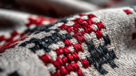 This close-up image showcases an intricate textile pattern with rich red and black threads, highlighting the craftsmanship and texture of the fabric. Perfect for design projects.の素材