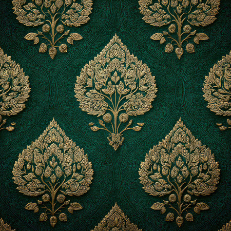 This artwork features an intricate gold floral pattern set against a rich teal background, creating a luxurious and elegant design ideal for various decorative uses.の素材