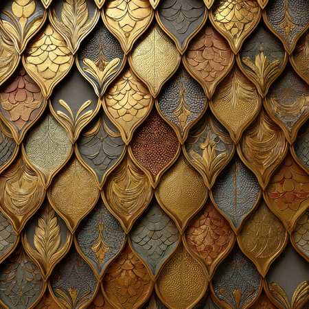 Discover an ornate metallic wall design featuring a stunning fish scale pattern, showcasing intricate details, rich colors, and an elegant touch for any artistic space.の素材