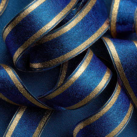 This image features an elegant arrangement of blue and gold satin ribbon, ideal for various crafting projects and festive decorations. Rich colors and smooth textures create a luxurious feel.の素材