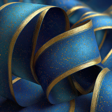 A stunning close-up of elegant blue ribbon adorned with gold accents, perfect for festive events. This artistic design showcases intricate textures and glamorous patterns ideal for wrapping gifts or decorating spaces.の素材