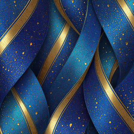 This stunning abstract image showcases elegant wavy textures in a rich blue and gold color scheme, perfect for conveying luxury and style in design projects.の素材