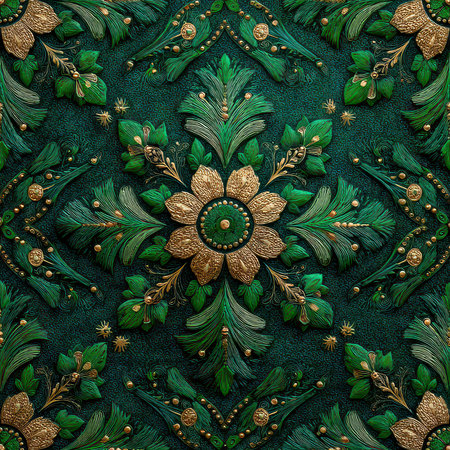 This exquisite floral pattern features rich green and gold tones, perfect for adding elegance to textiles, wallpapers, or crafts. A vibrant and ornate design.の素材